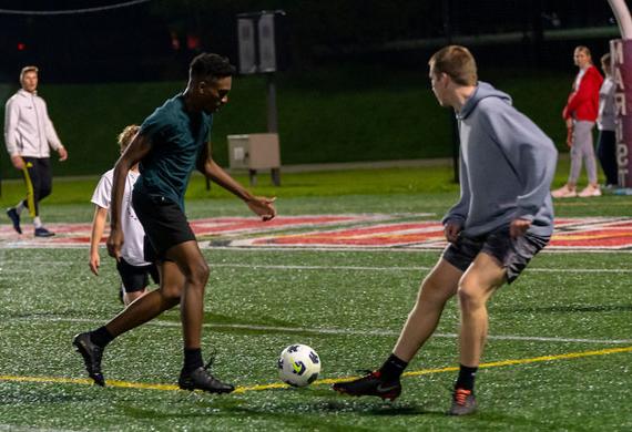 An image of students competing in intramural soccer